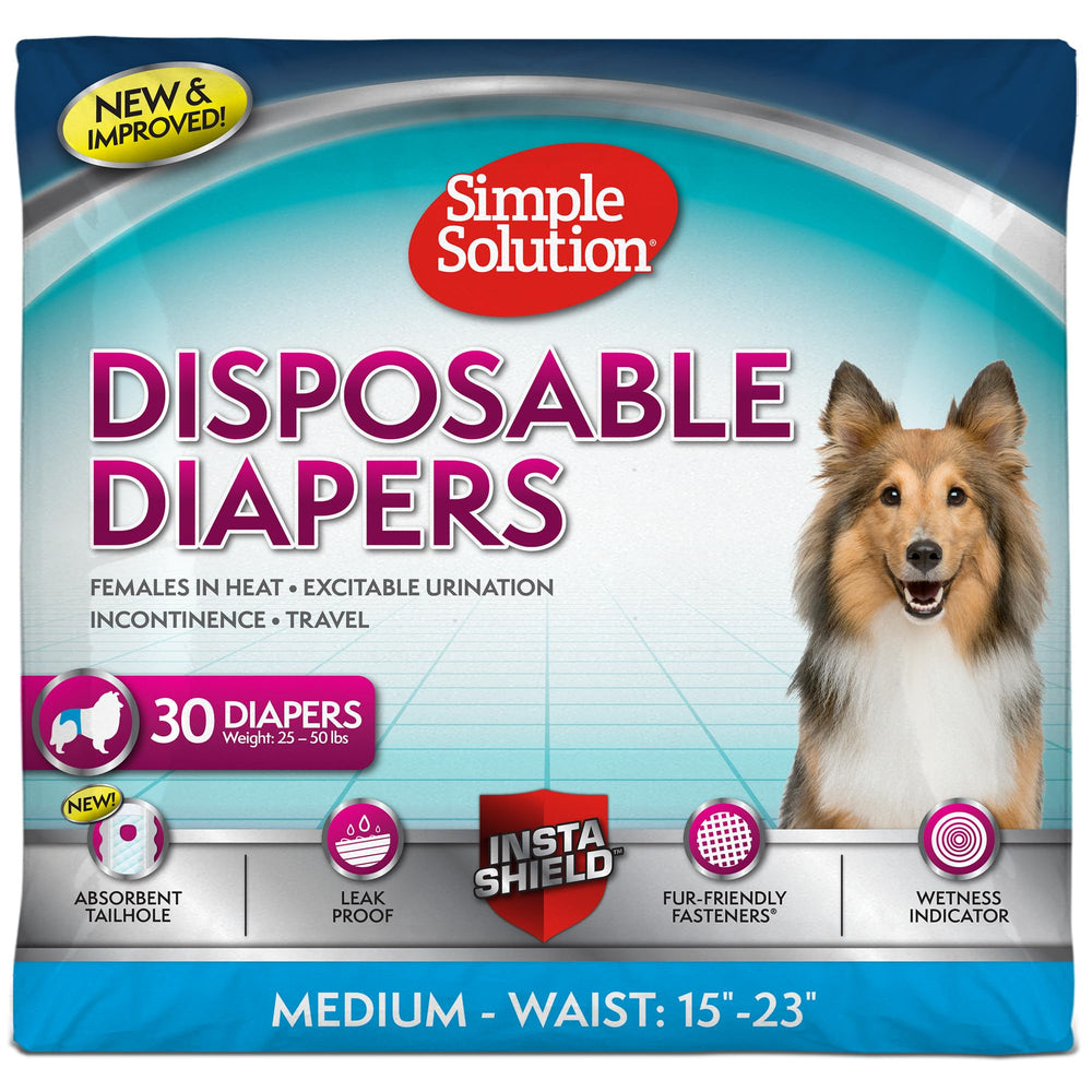 Simple Solution disposable dog diaper on a medium female dog shows secure fit for 15-23 inch waists