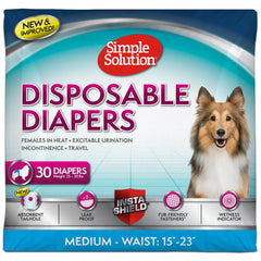 Simple Solution disposable dog diaper on a medium female dog shows secure fit for 15-23 inch waists