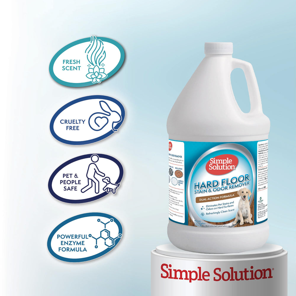 Simple Solution dog and cat mess cleaner demonstrates fast-acting stain and odor cleanup.