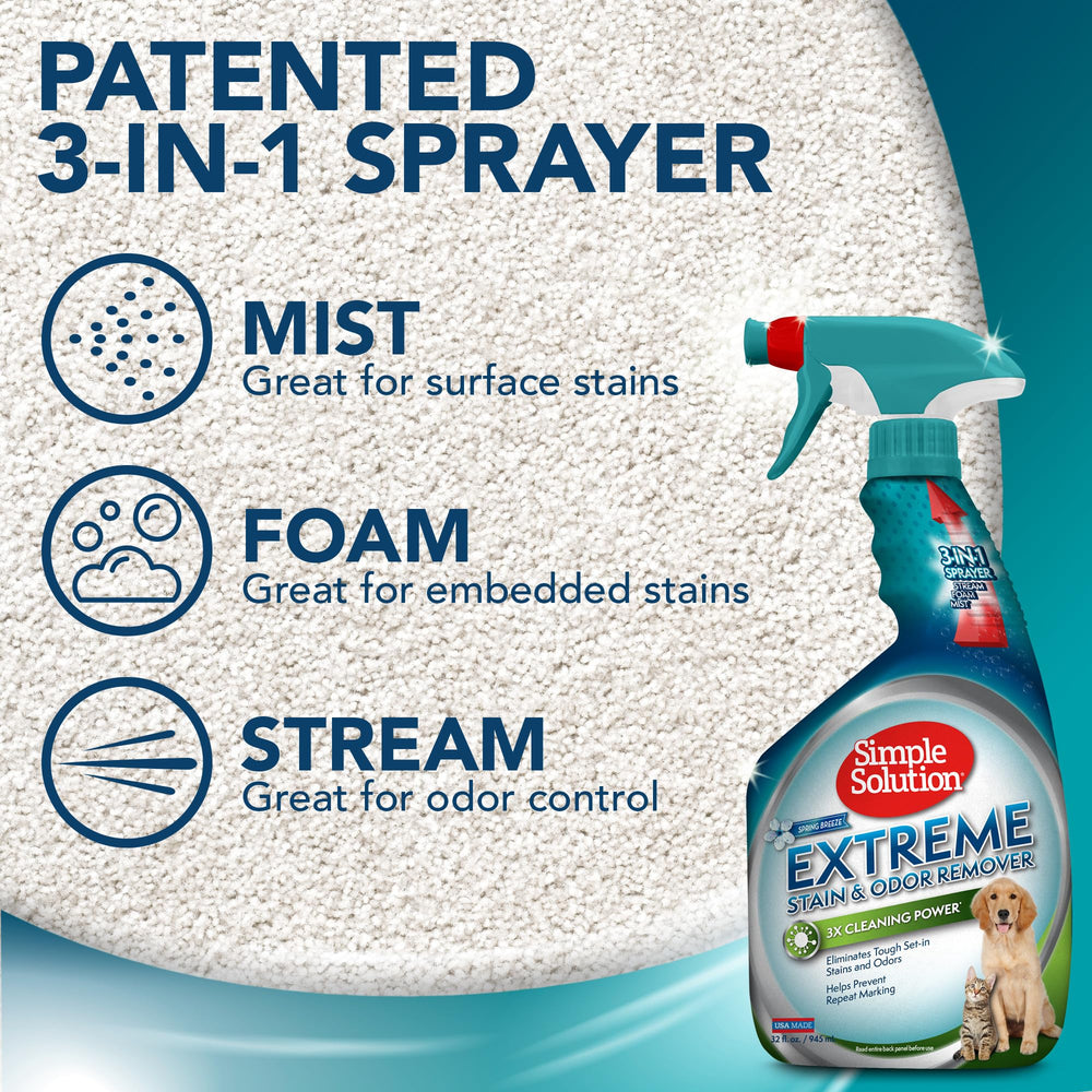 Simple Solution Dog-Cat Mess Remover (dog-cat-mess-remover) is ideal for urine and stains.