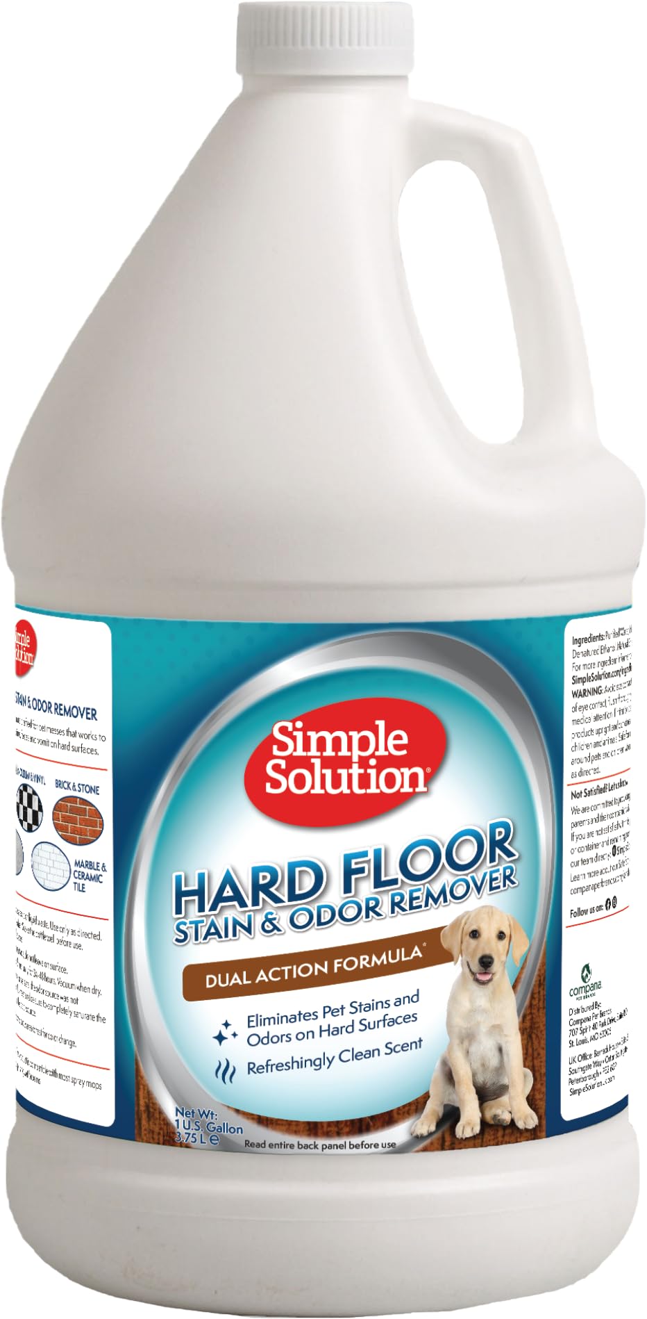 Simple Solution hard floor stain remover bottle targets pet messes for easier cleaning.