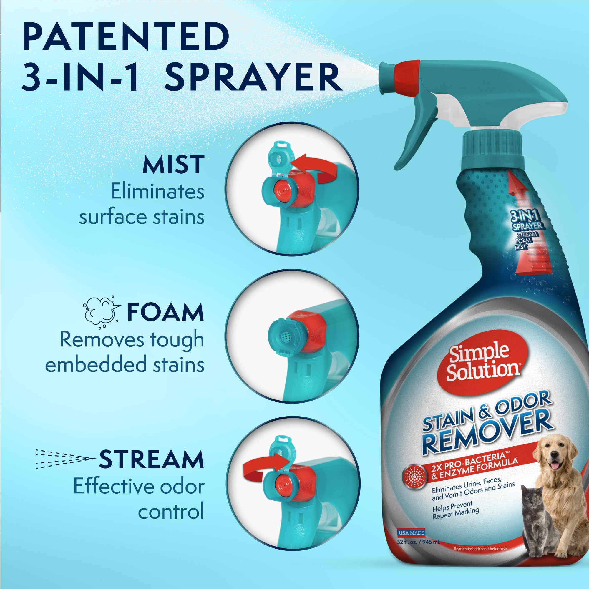 Simple Solution multi-surface cleaner spray with foam option for stubborn stains.