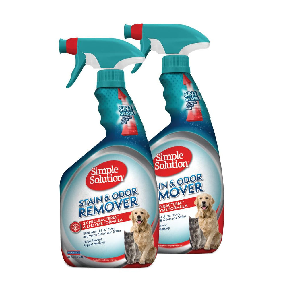 Simple Solution stain and odor eliminator spray removes pet urine odors from carpets.