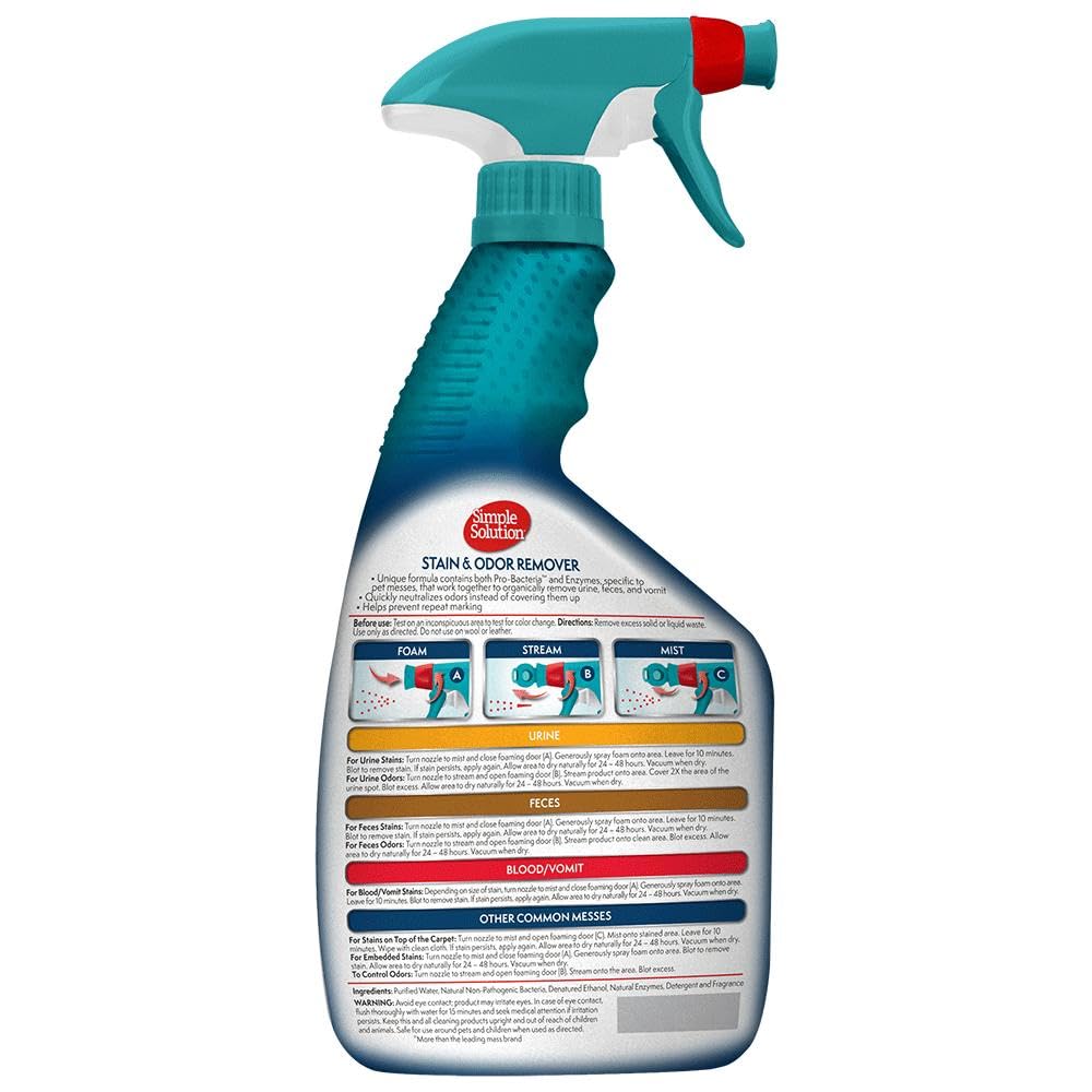 Simple Solution stain remover foam targets set-in stains for quick cleanup.