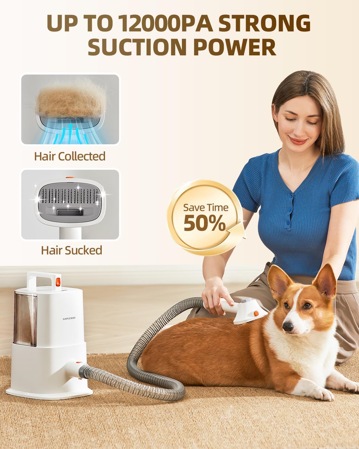 Simple Way vacuum kit demonstrates quiet suction during grooming sessions.