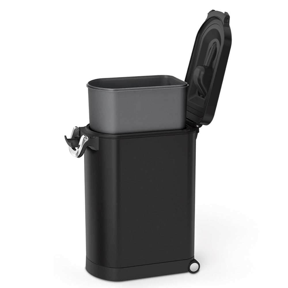 simplehuman lock-tight handle secures lid to prevent pet access.
