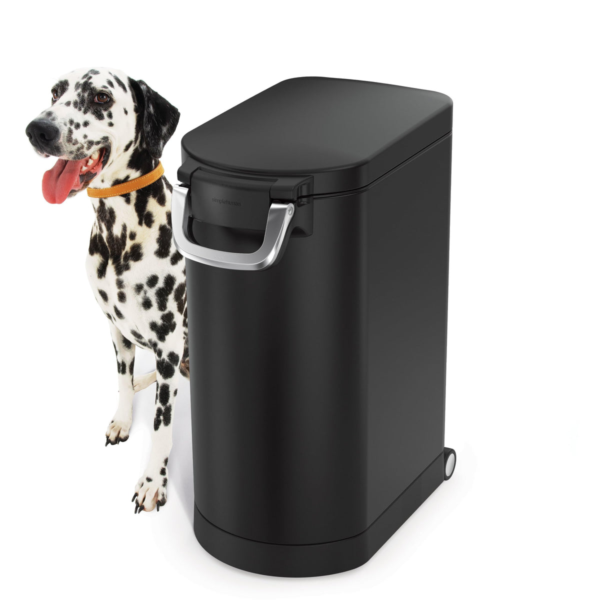 simplehuman pet food storage bucket with airtight lid helps keep dog food fresh.
