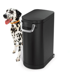 simplehuman pet food storage bucket with airtight lid helps keep dog food fresh.