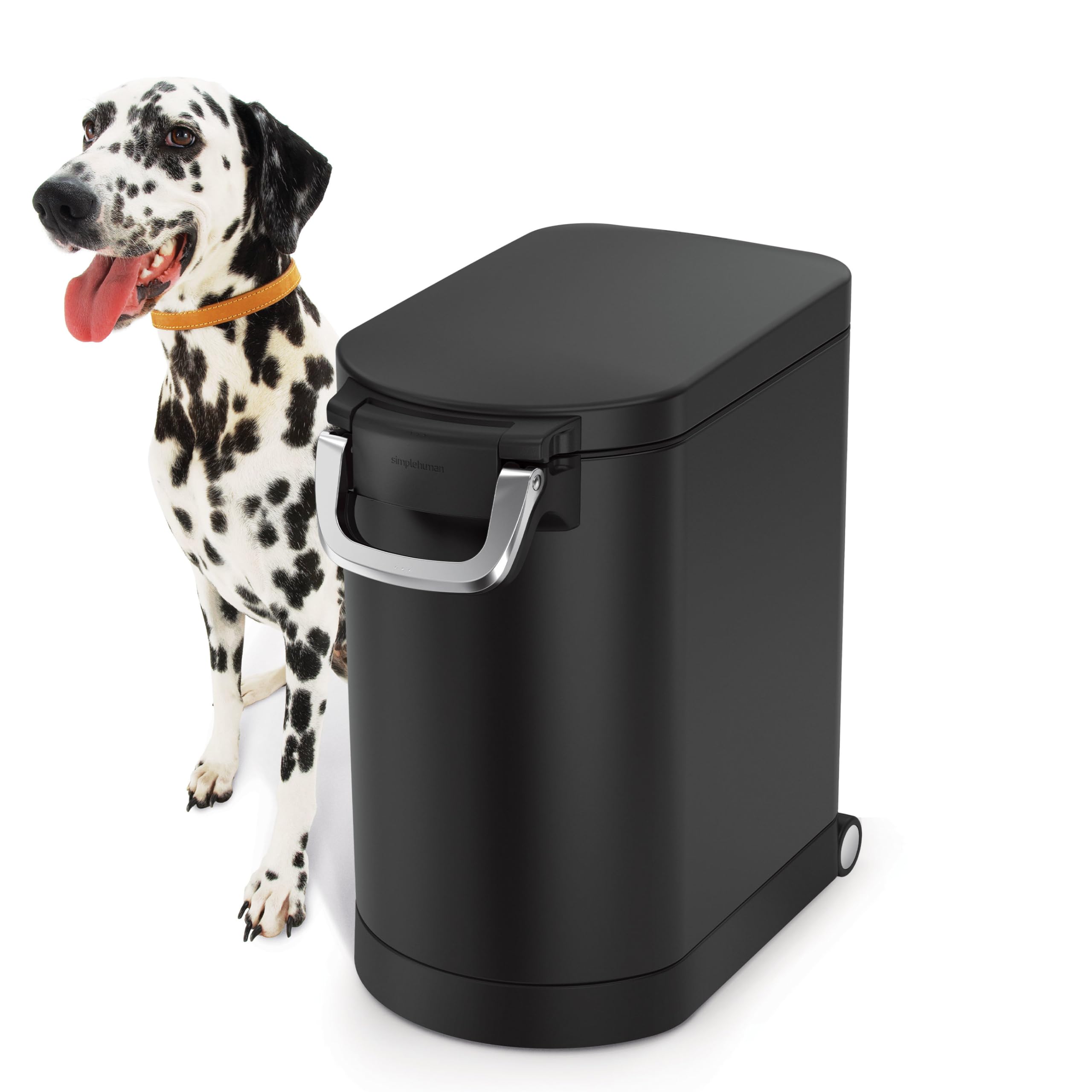 Simplehuman pet food storage container lid closed, showcasing the airtight design.