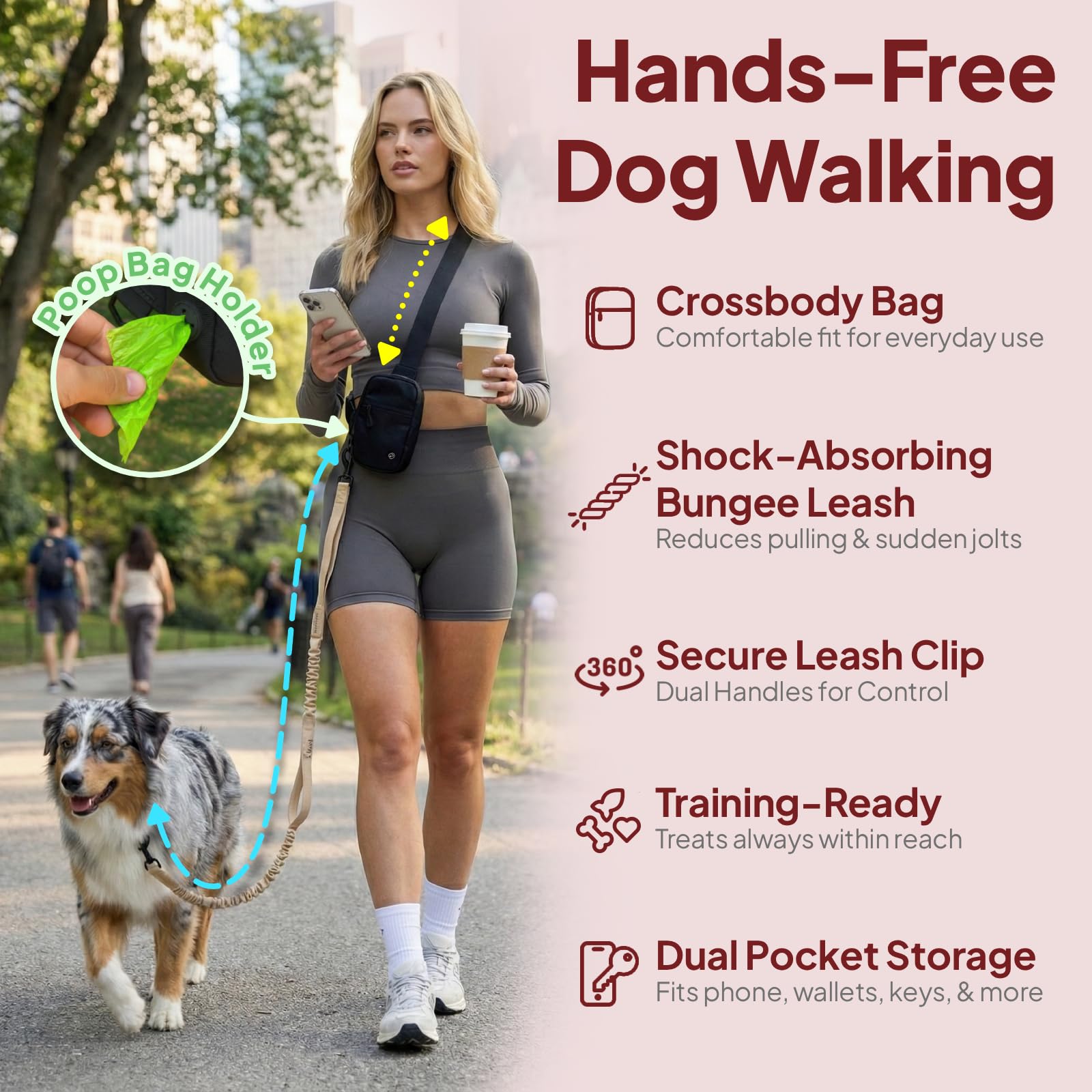 SimplePaws built-in poop bag dispenser close-up shows bags ready for quick cleanups.