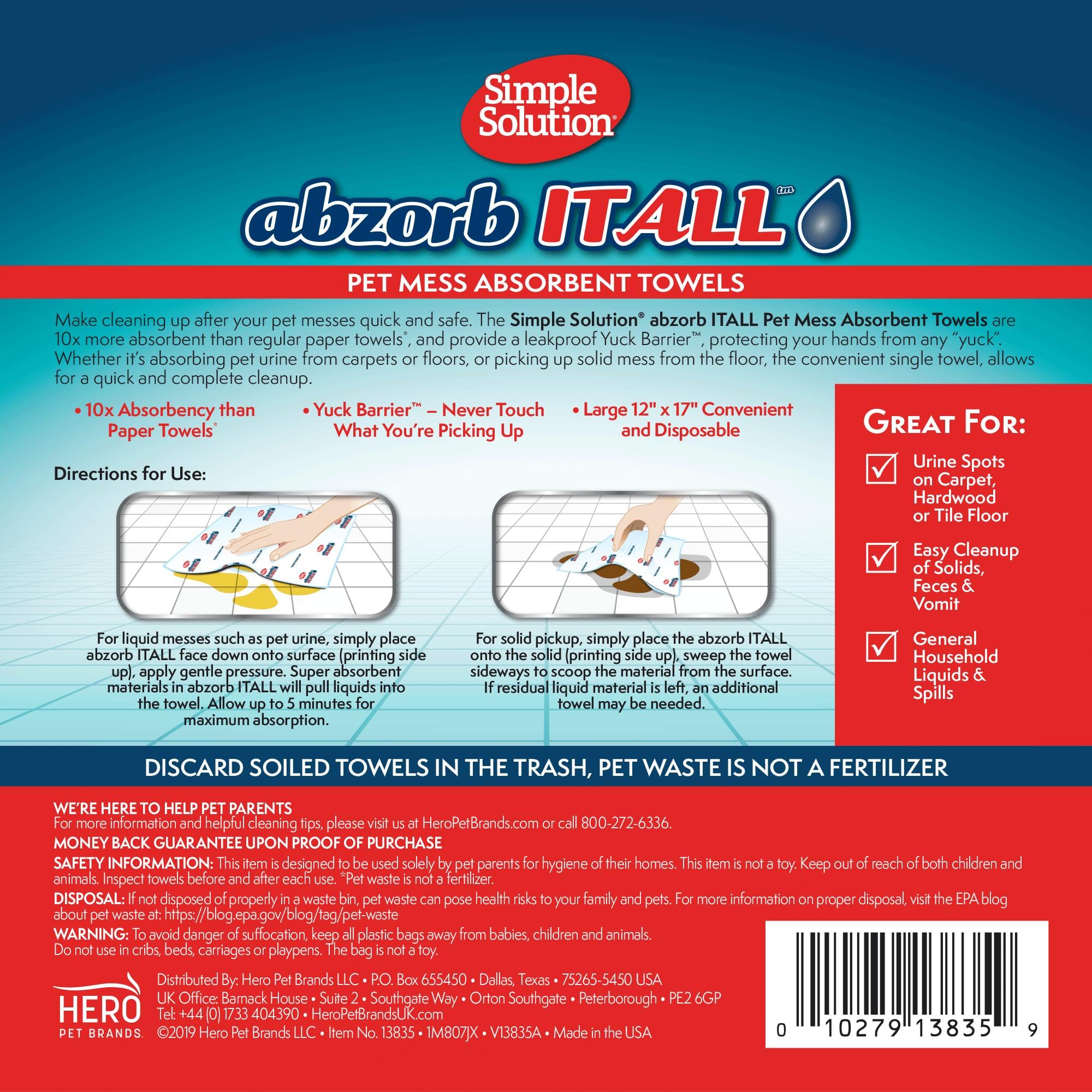 Simple Solution Abzorbitall towel with Yuck Barrier shows leak-proof protection during messes.