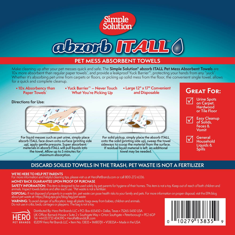 Simple Solution Abzorbitall towel with Yuck Barrier shows leak-proof protection during messes.