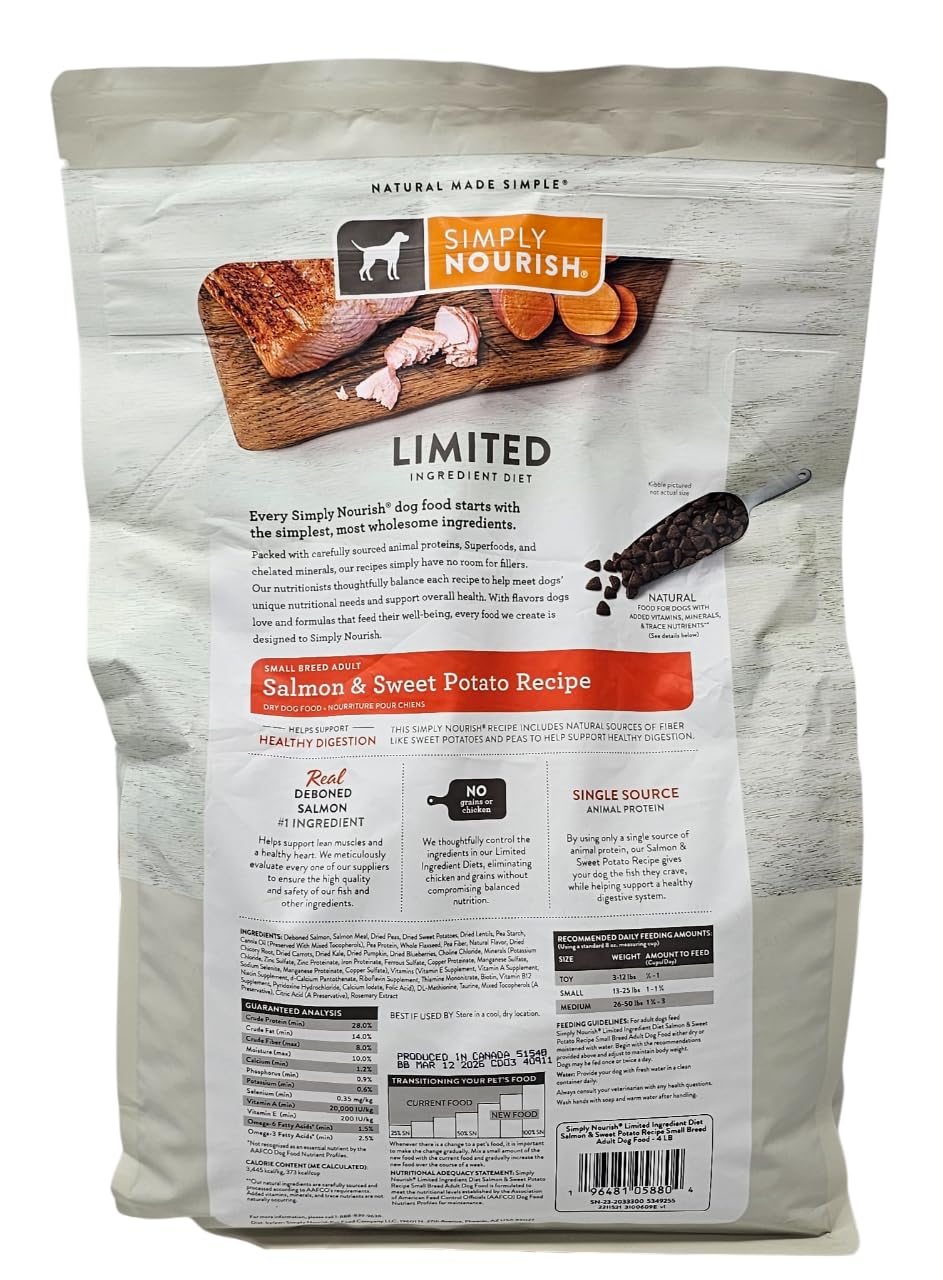 SIMPLY NOURISH deboned salmon first ingredient kibble, appealing for small breeds.