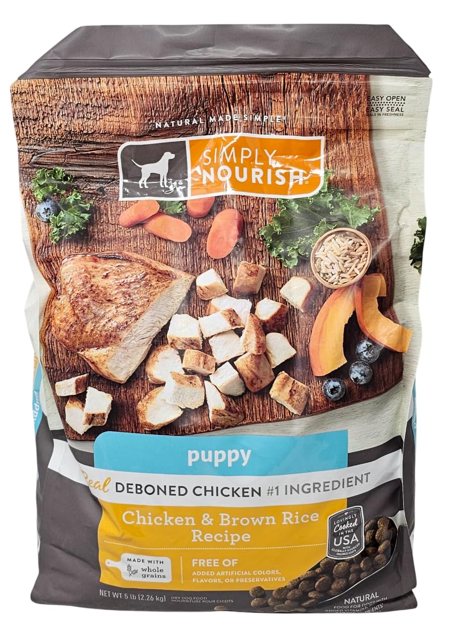 SIMPLY NOURISH Puppy Chicken and Brown Rice dry dog food bag front highlights wholesome ingredients for growing puppies.