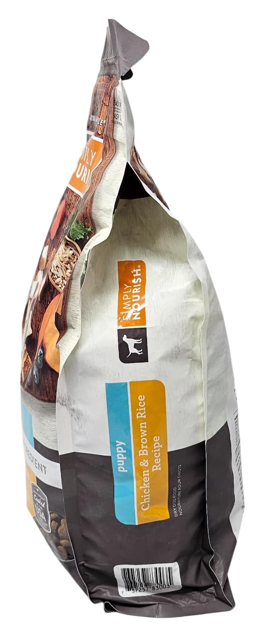 SIMPLY NOURISH Puppy Chicken and Brown Rice resealable bag highlights convenience and freshness.