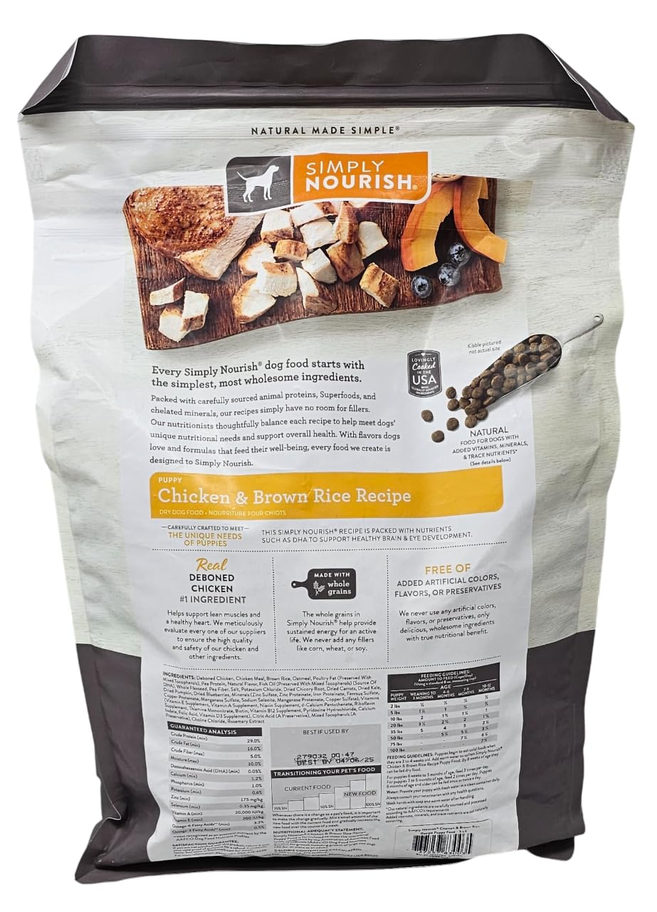 SIMPLY NOURISH Puppy Chicken and Brown Rice kibble close-up emphasizes grain-texture.