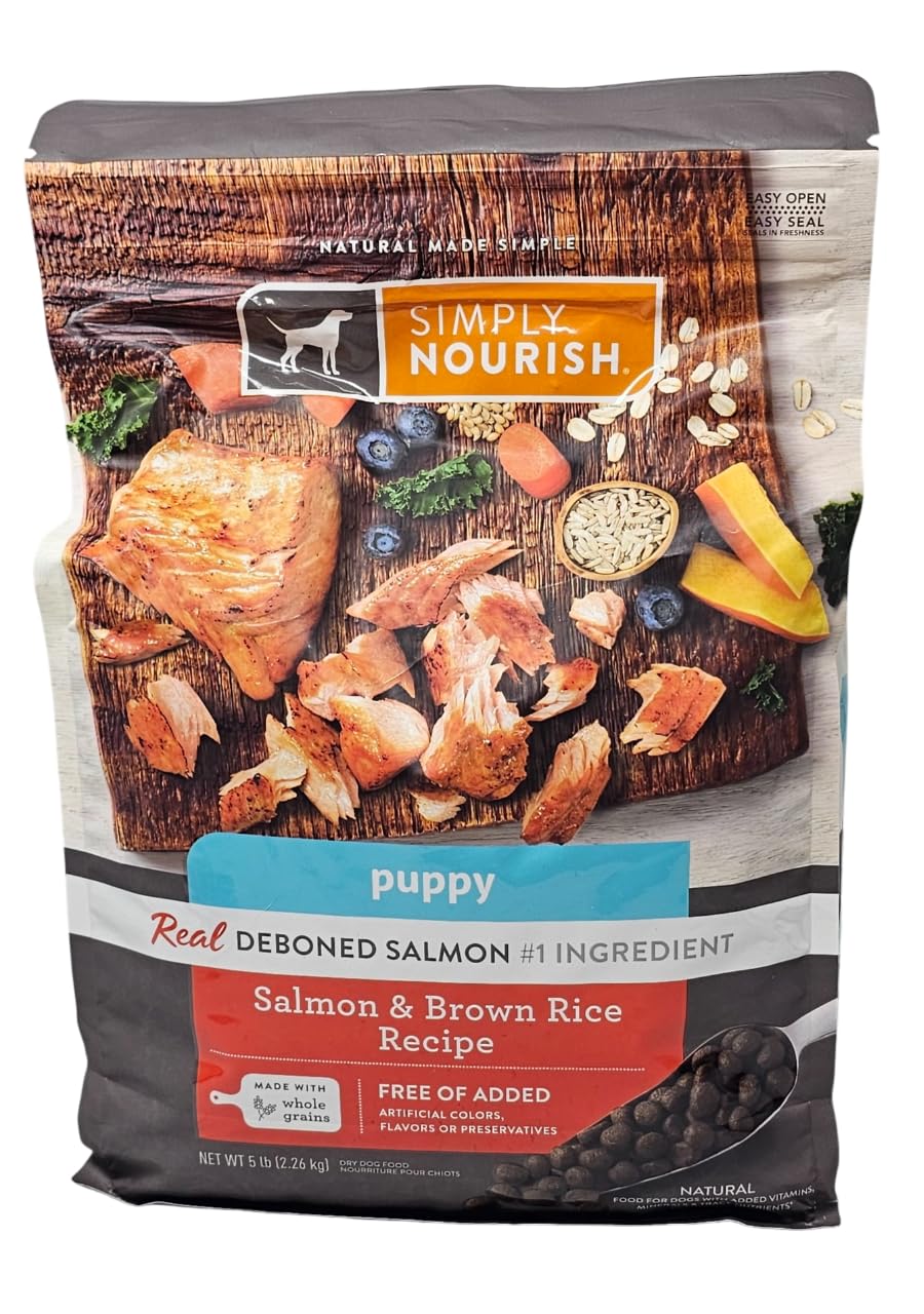 SIMPLY NOURISH Puppy Salmon Brown Rice kibble in bag front, convenient for growing puppies.