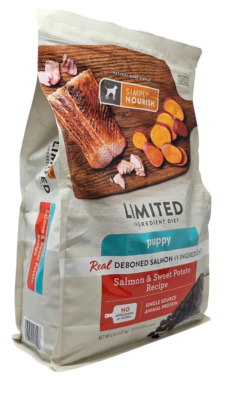 SIMPLY NOURISH back-of-bag feeding guidance for puppies under one year.