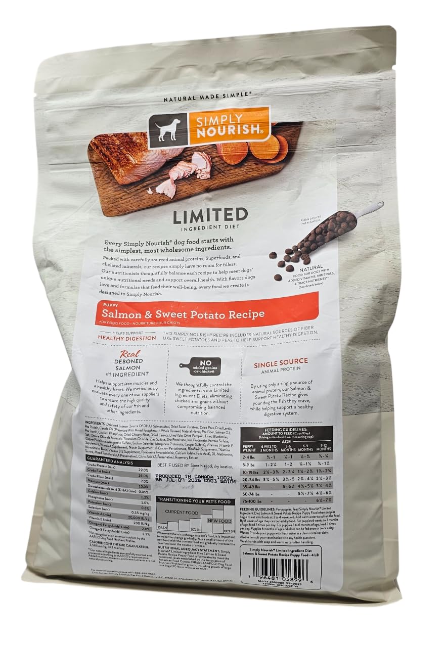 SIMPLY NOURISH puppy kibble close-up emphasizes real salmon protein and texture.