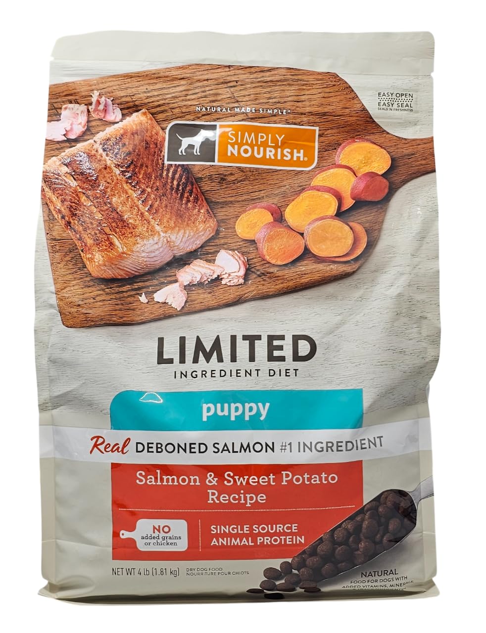 SIMPLY NOURISH Puppy Salmon and Sweet Potato dry kibble label front highlights limited ingredients.
