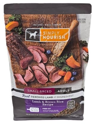 SIMPLY NOURISH small-breed adult dog enjoys the kibble during mealtime.
