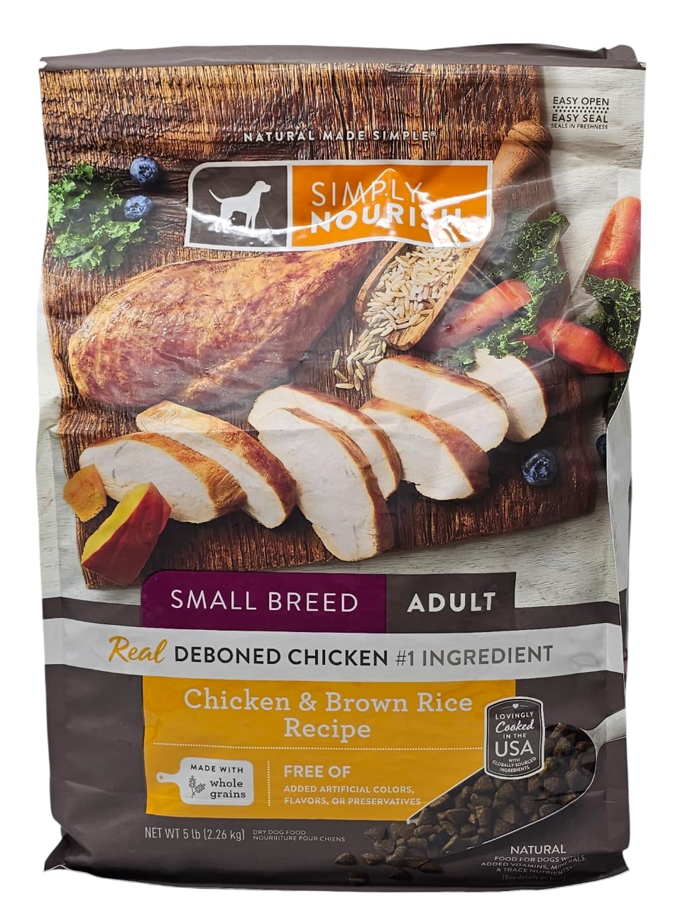 SIMPLY NOURISH small breed dog food bag front showing chicken and brown rice for balanced nutrition