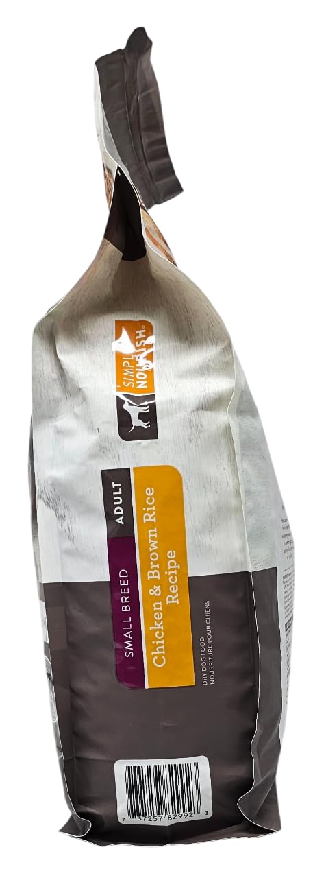 SIMPLY NOURISH small breed dog food bag label close-up highlighting chicken and brown rice ingredients