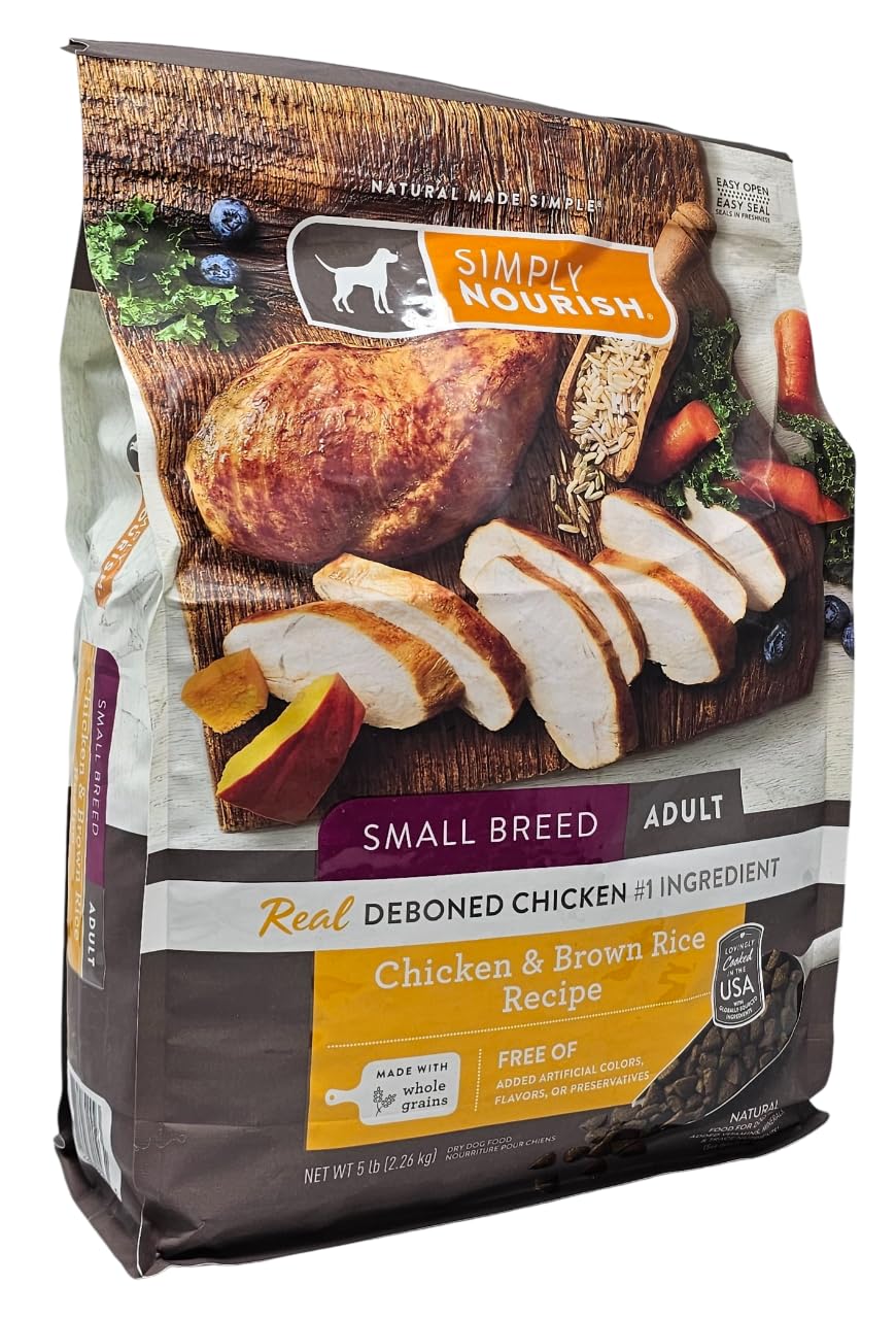 SIMPLY NOURISH small breed dog food on kitchen counter with bowl for convenient feeding