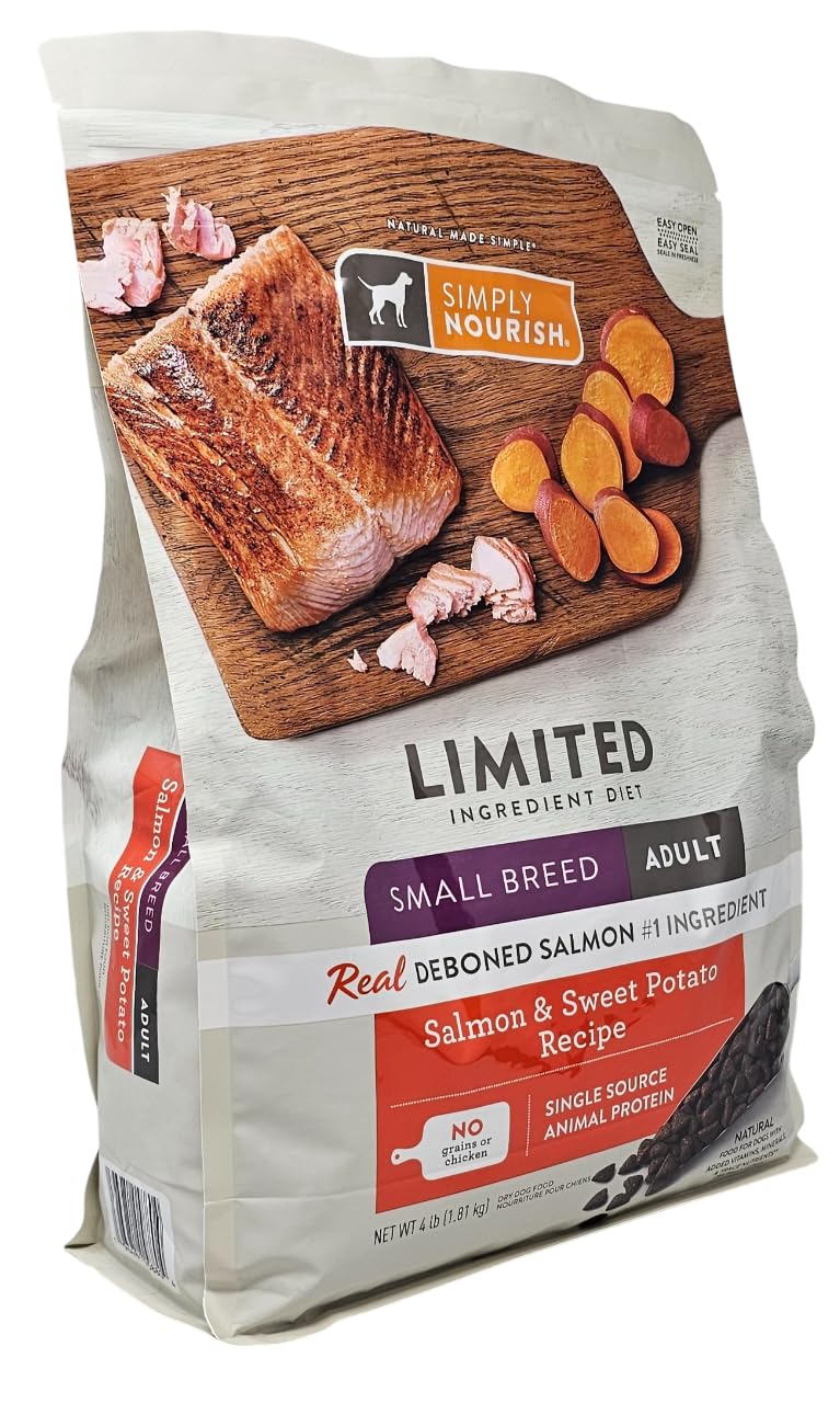 SIMPLY NOURISH salmon kibble close-up, bite-sized for small dogs.