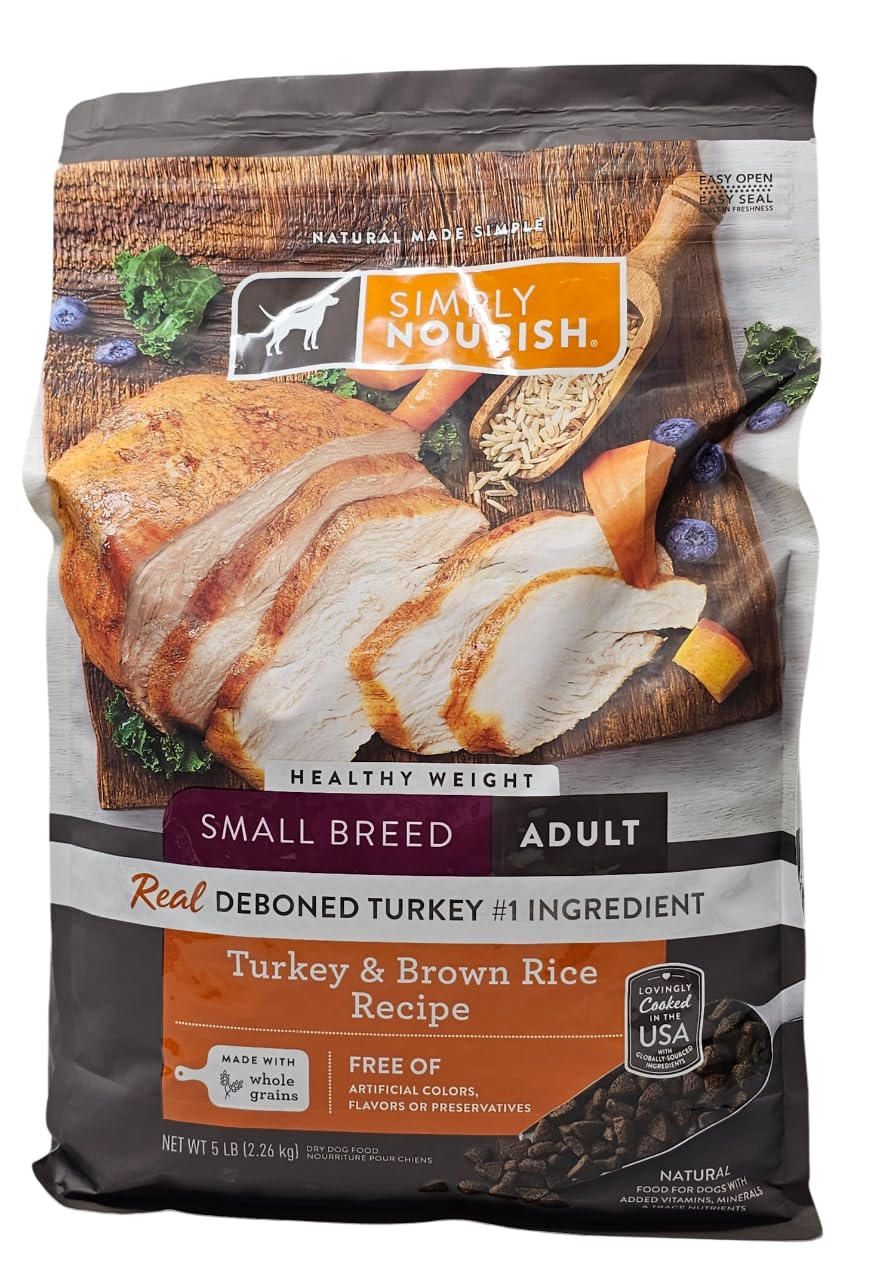 SIMPLY NOURISH small-breed healthy weight bag front showing turkey-based formula for small dogs