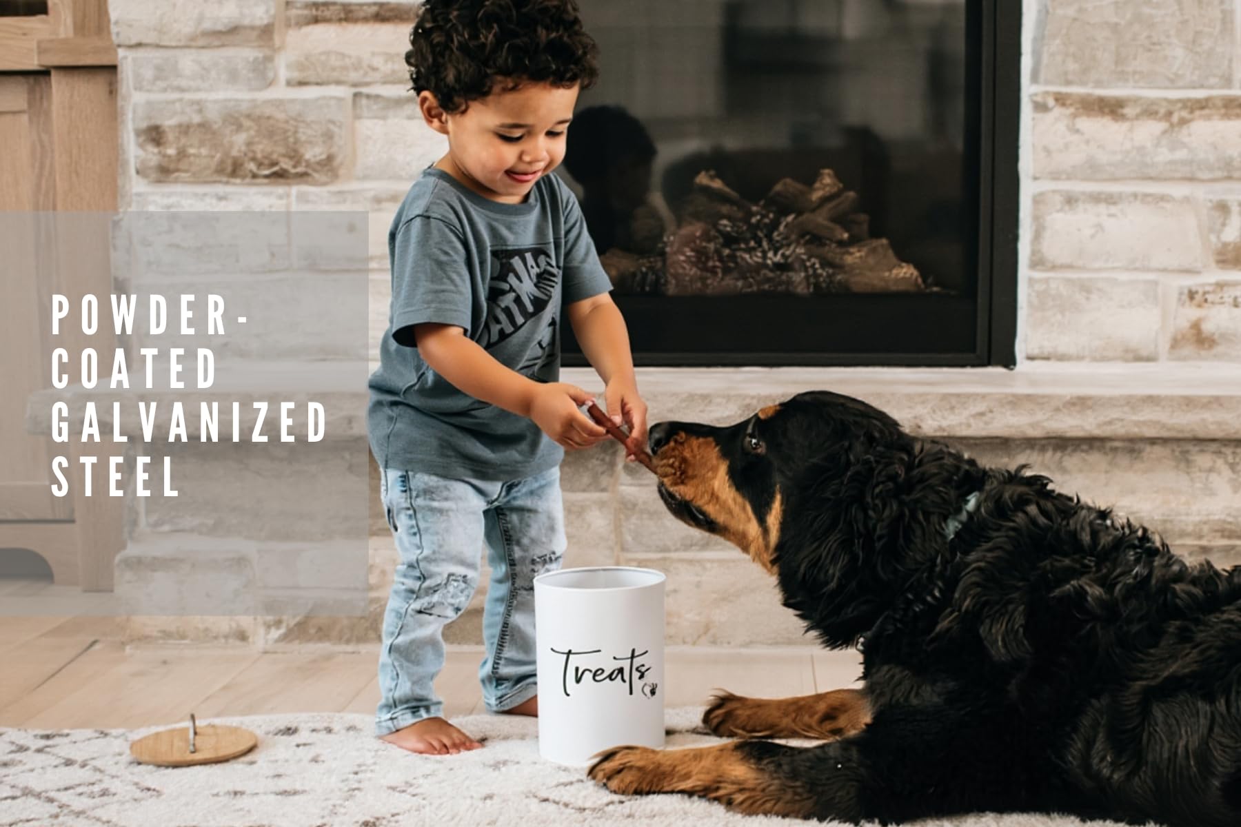 Simply Unleashed treat container resting on a kitchen counter