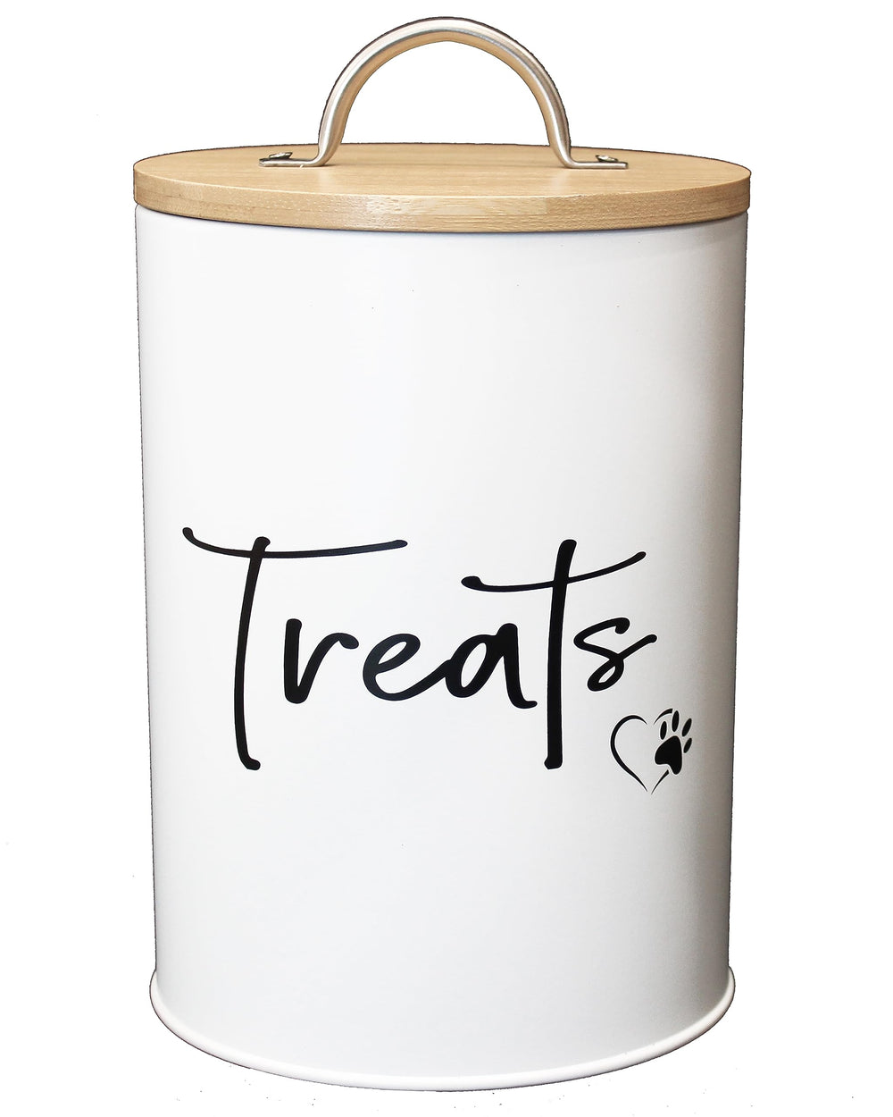 Simply Unleashed white treat container with bamboo lid keeps treats fresh on display