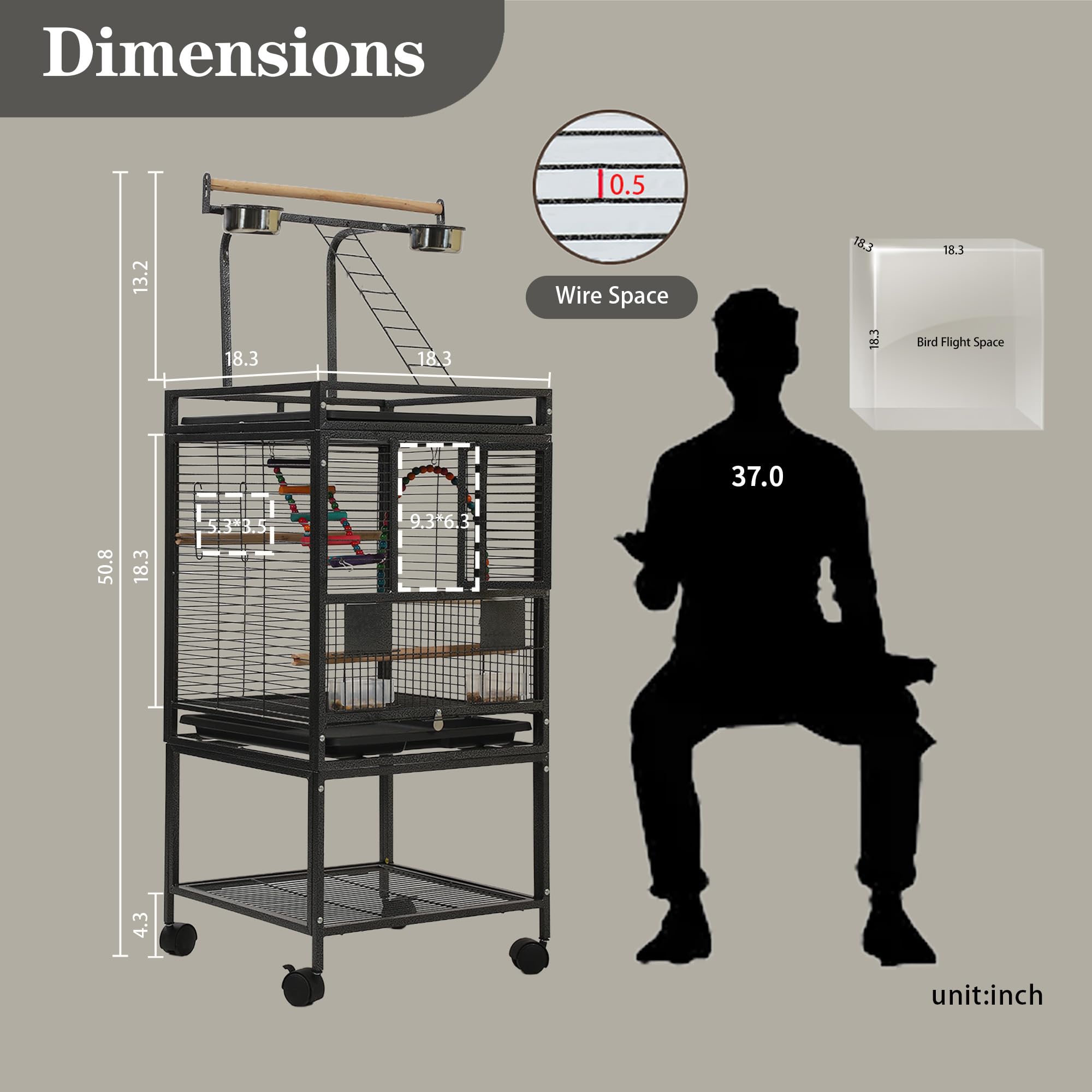 Sinopet 51-inch bird cage on stand, front view highlights sturdy design for active birds