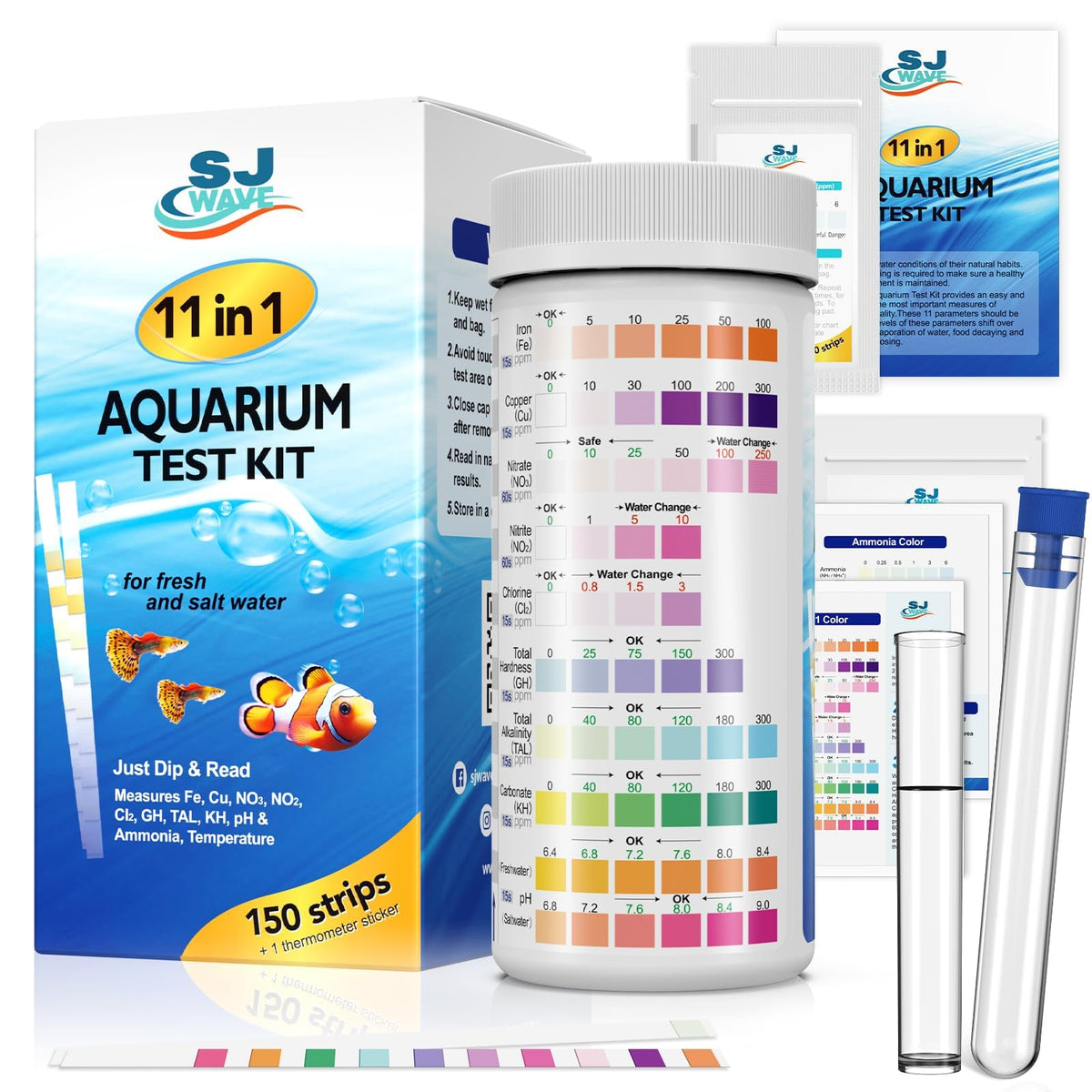 SJ WAVE 11in1 strips bottle for quick at-home aquarium checks.