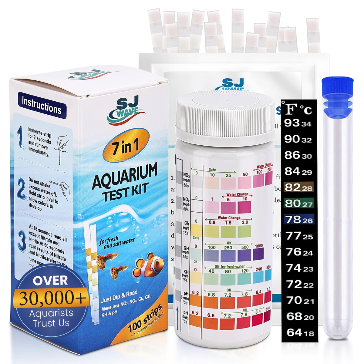 SJ WAVE 7 in 1 test kit box enables at-home aquarium water checks.