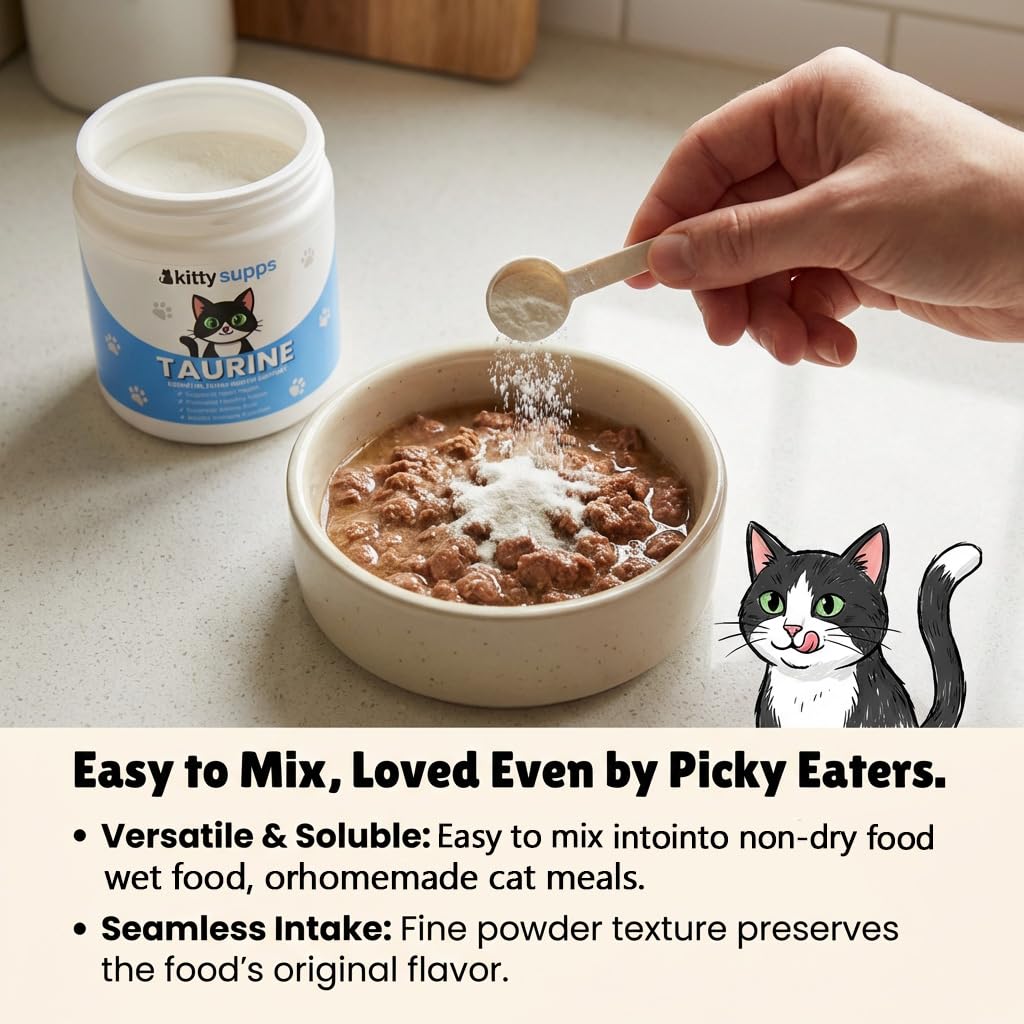 Skaal KittySupps Taurine container beside cat food for routine use