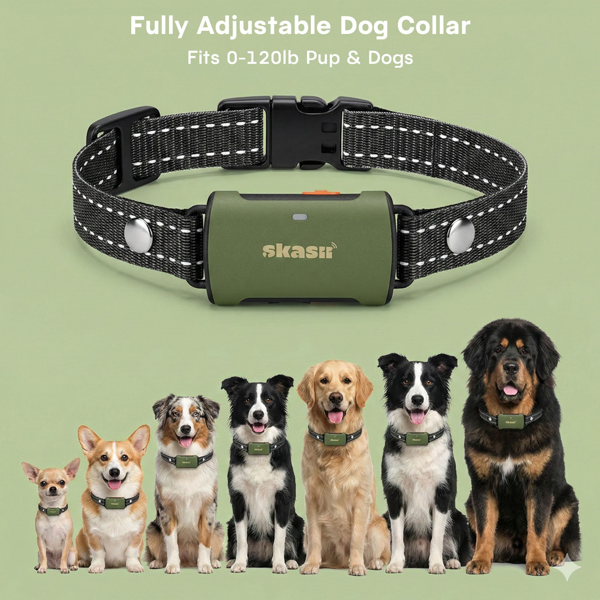 Skasii adjustable collar fits 6–28 inches for many dogs.