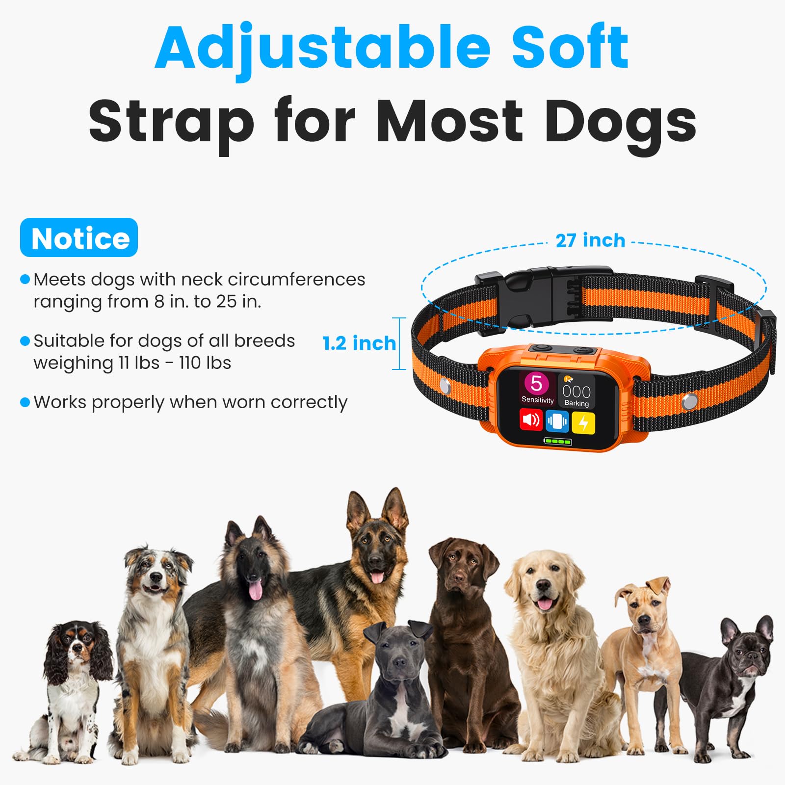 SKBAK Smart Dog Bark Collar ergonomic adjustable strap fits medium to large dogs.