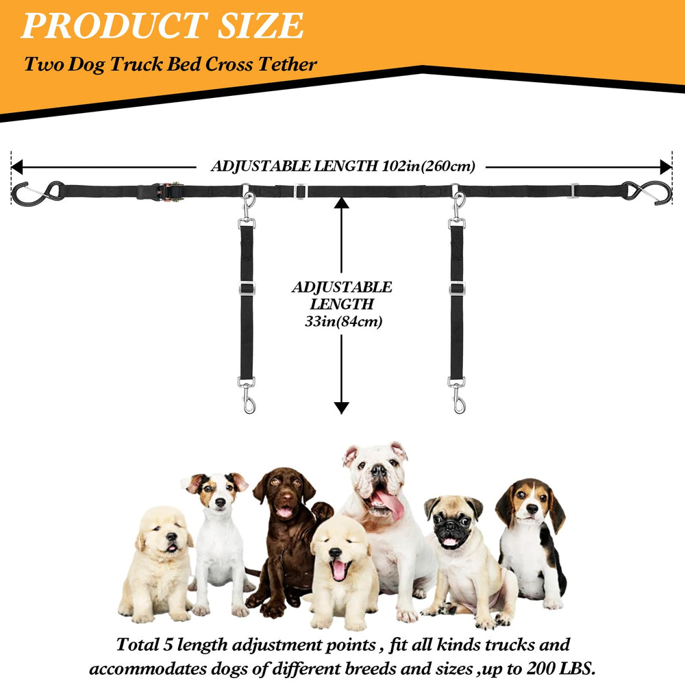 Skipwall truck bed tether adjustable fit demonstrated on two dogs