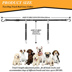 Skipwall truck bed tether adjustable fit demonstrated on two dogs