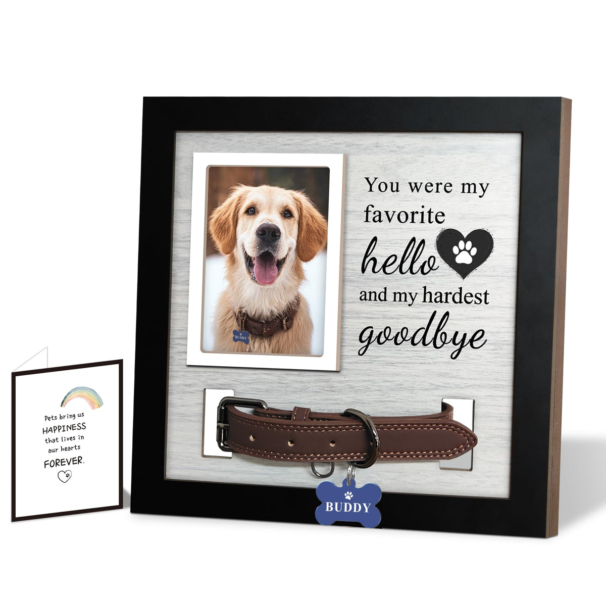 Skittypurr dog loss frame collar display secures a keepsake collar alongside cherished memories.
