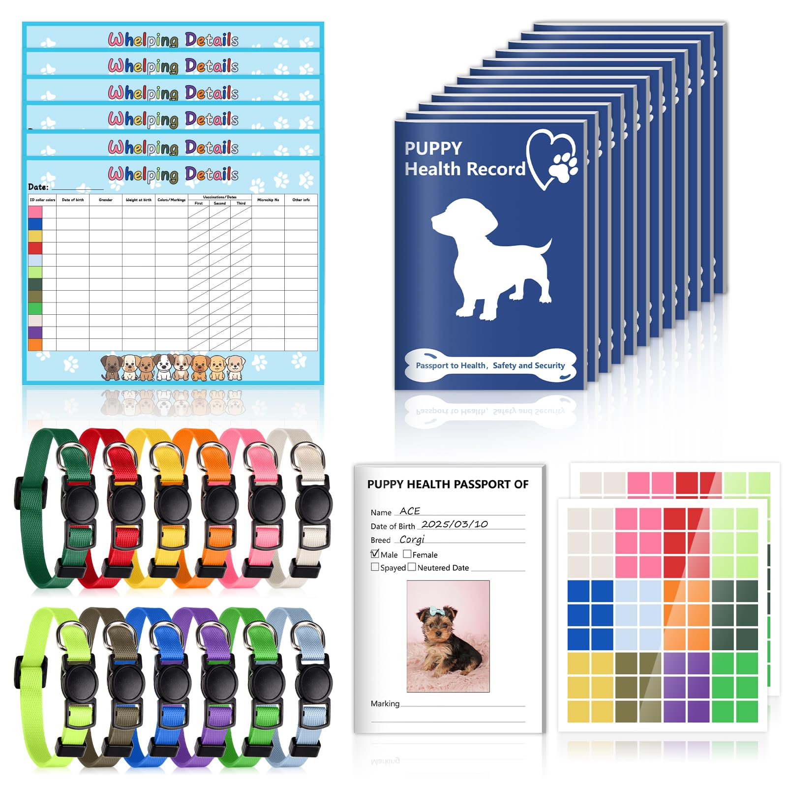 SKLENICE puppy whelping collars in 12 colors for easy litter identification and organization.