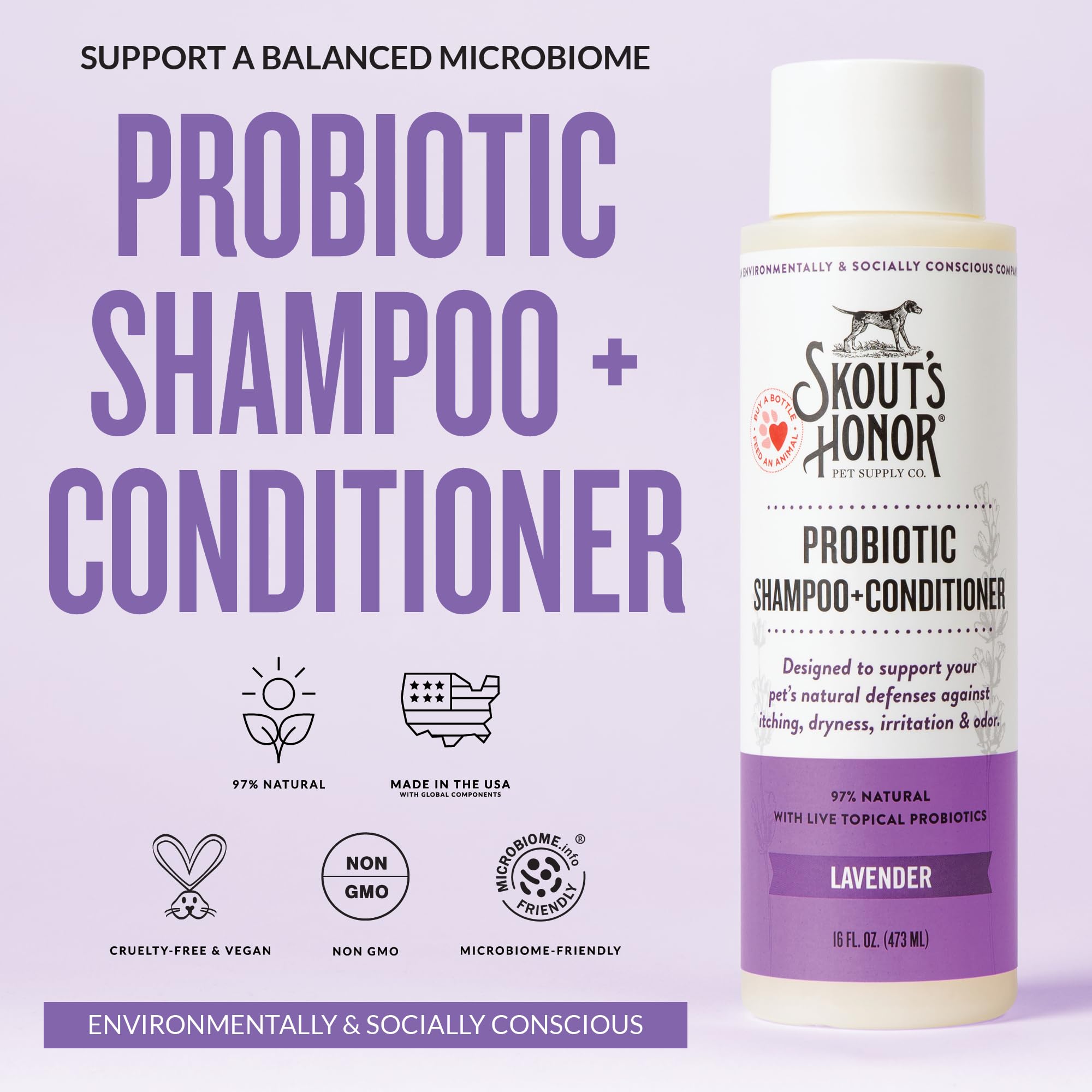 Skout's Honor avocado oil dog shampoo label close-up highlighting natural ingredients and hydration.