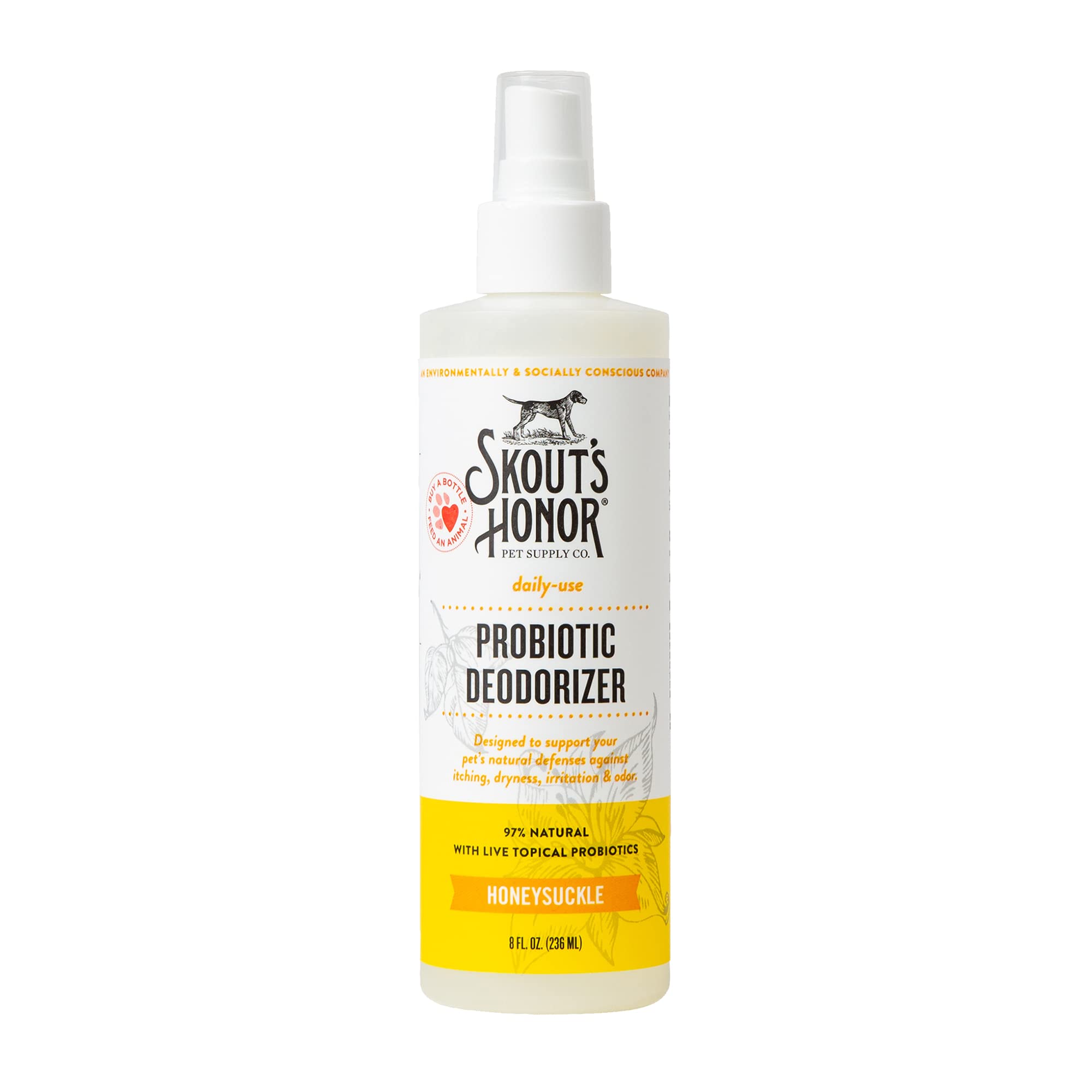 Skout's Honor bottle pour showing easy, on-the-go deodorizing for pets