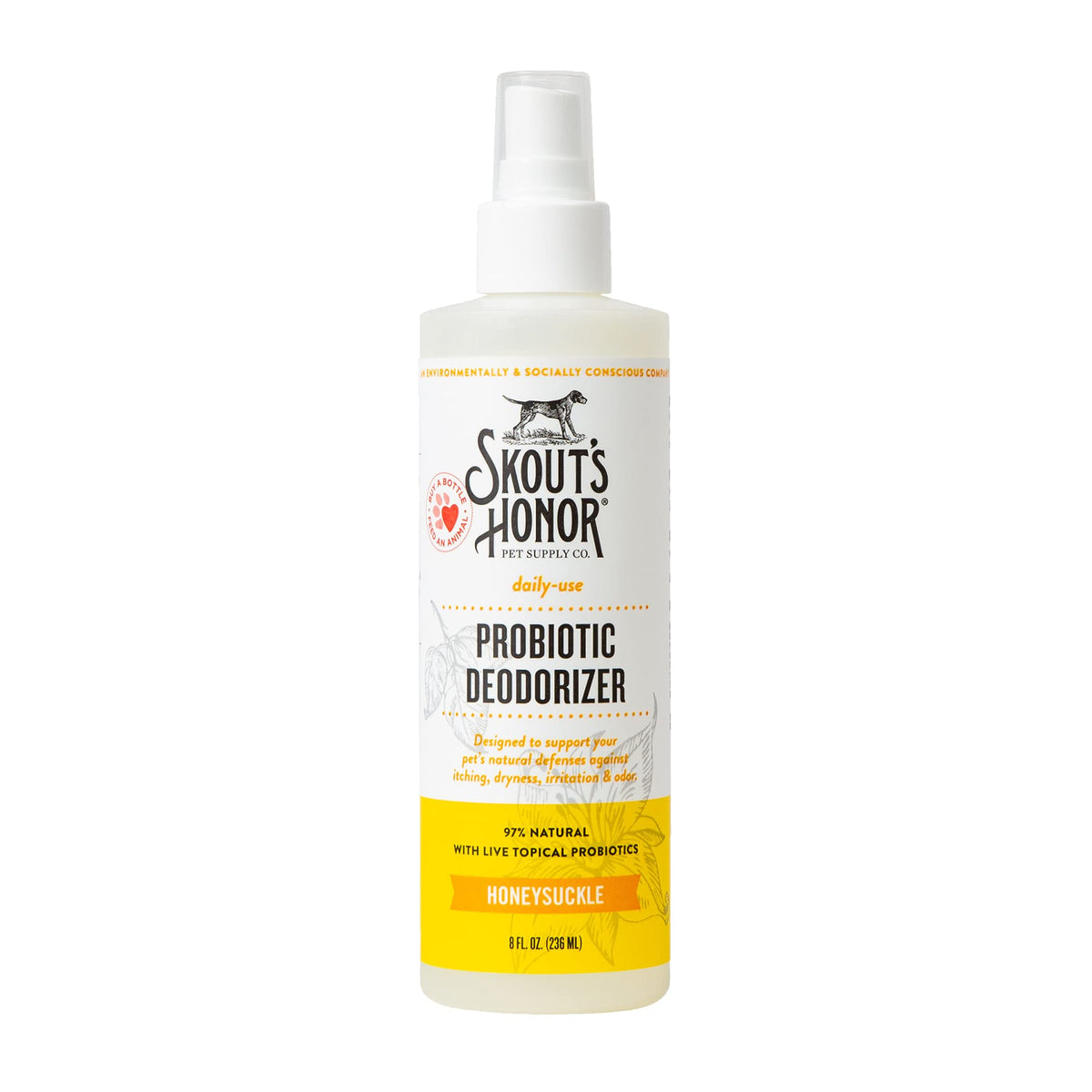 Skout's Honor bottle pour showing easy, on-the-go deodorizing for pets