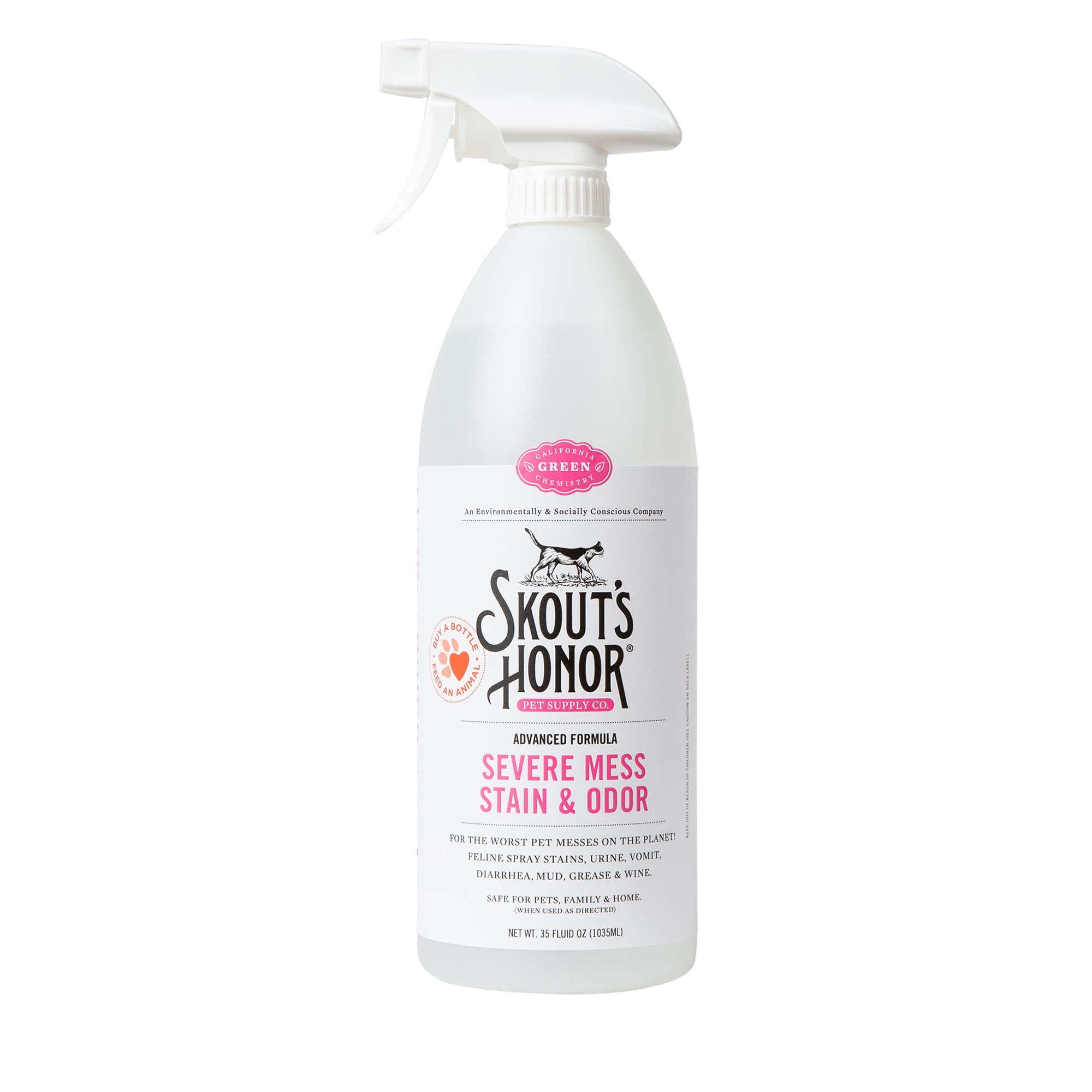 Skout's Honor Cat Advanced Severe Mess Remover bottle showing powerful stain lifting for tough messes.