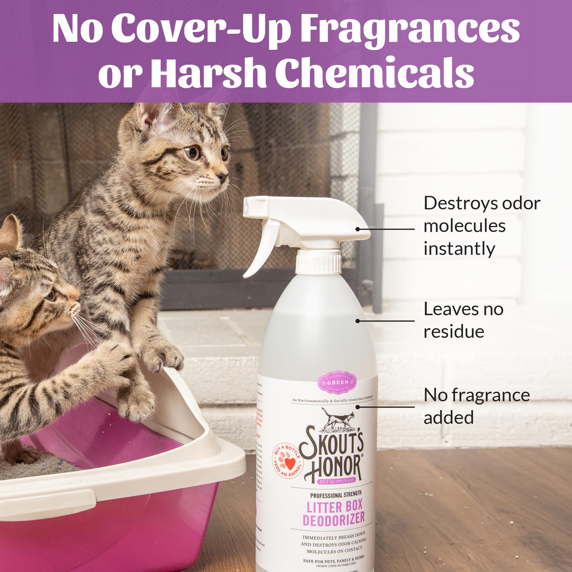 In-use shot shows spray dispersing odor-neutralizing mist over litter area