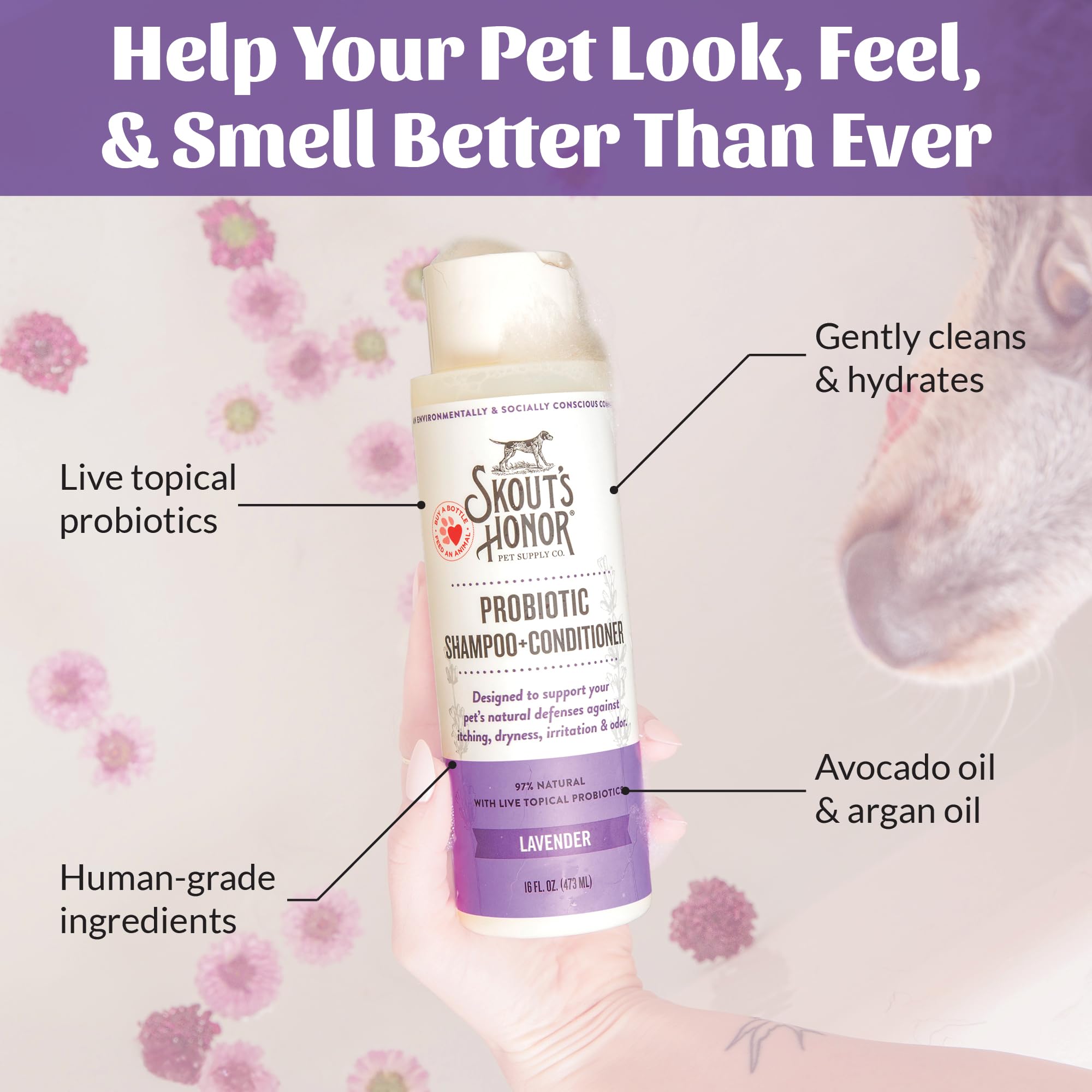 Skout's Honor cruelty-free logo on packaging signals ethical sourcing and care.