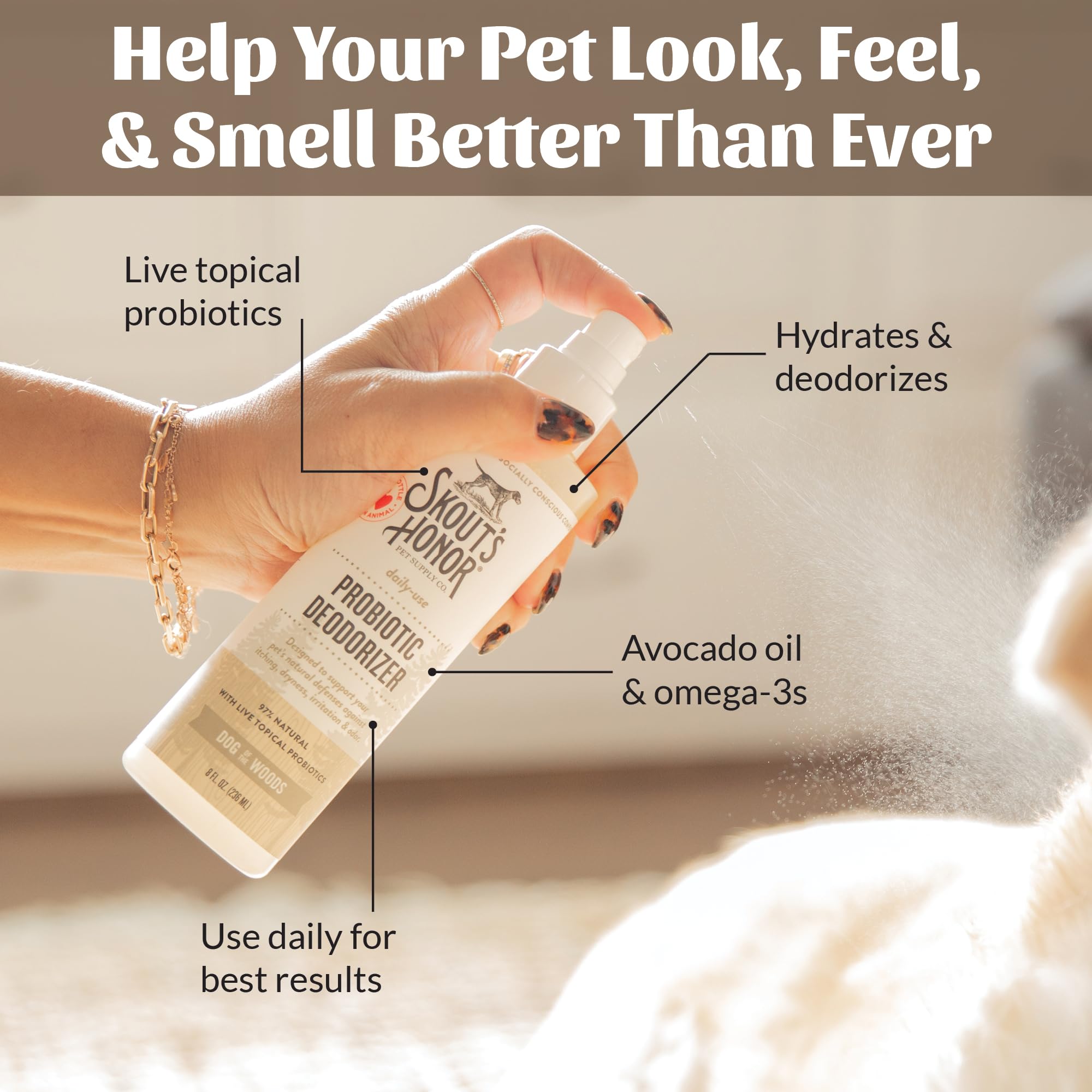 Daily-use pet deodorizer to maintain skin comfort.