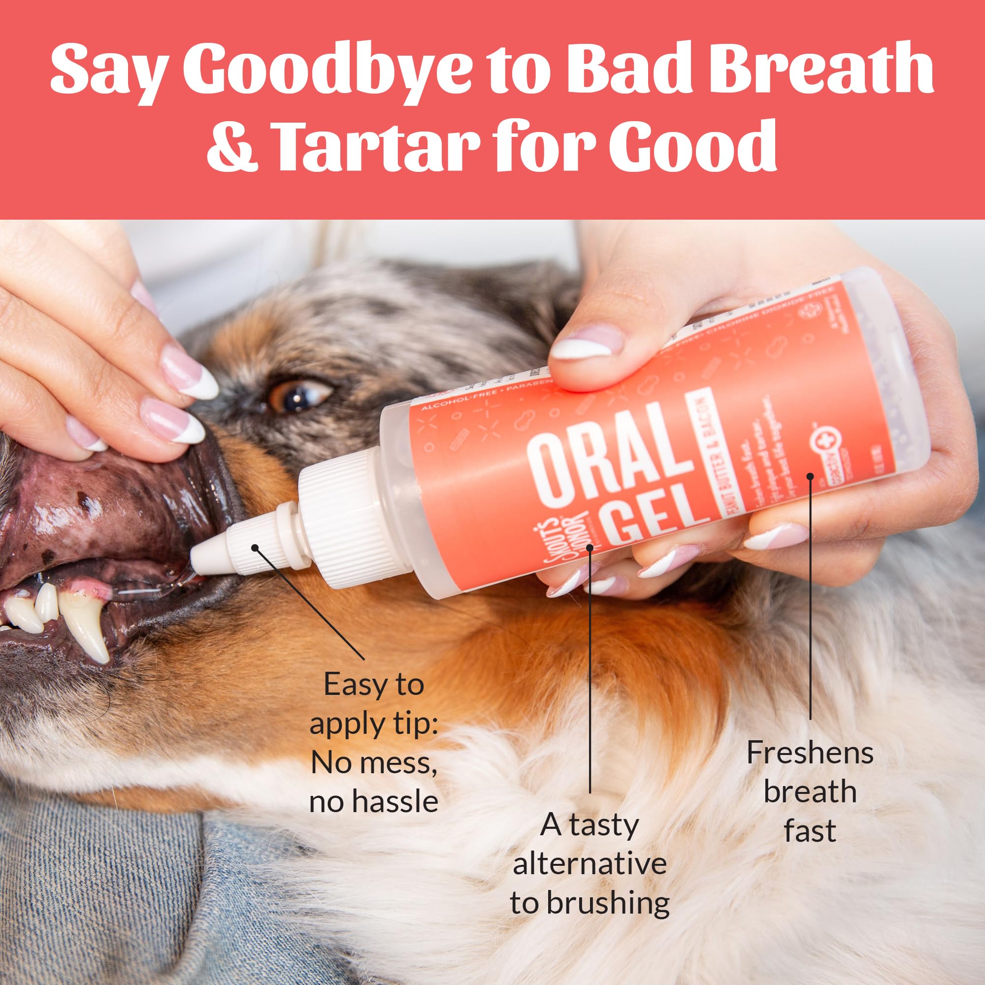 Flavor emphasis: peanut butter and bacon in SKOUT'S HONOR Oral Gel to entice pets